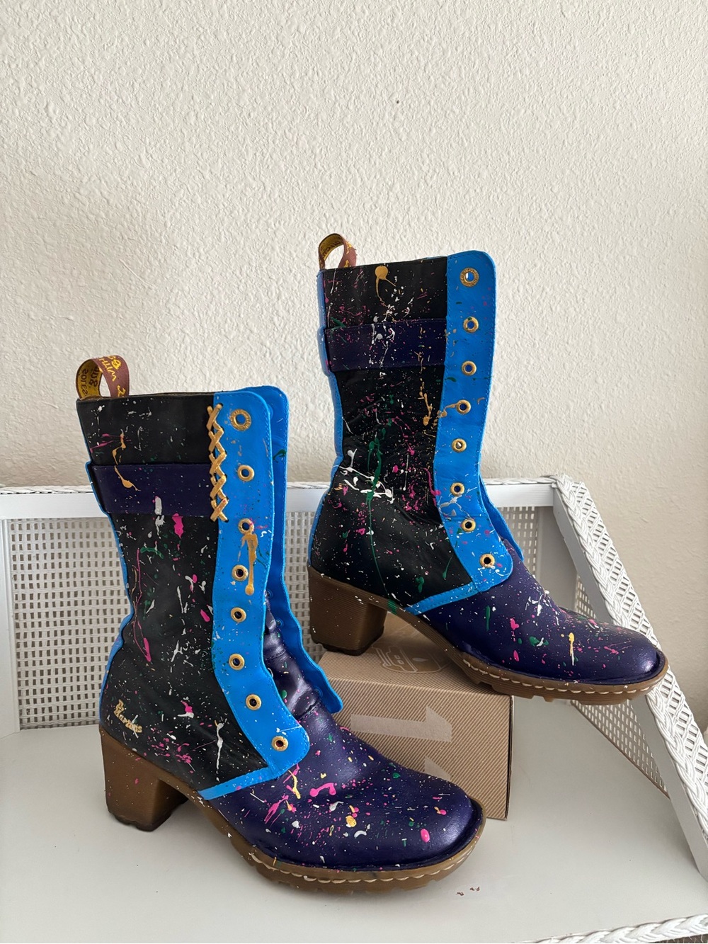 Dr. Martens Custom Paint-Splatter Lace-Up Boots in Blue, Black & Purple Like New